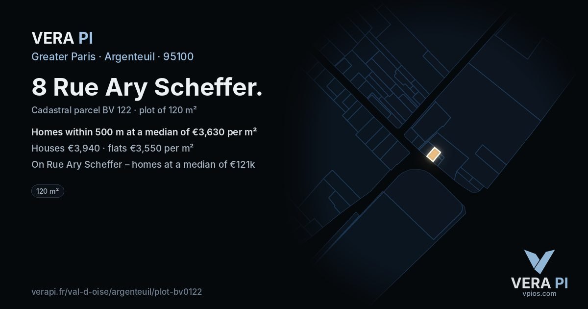 8 Rue Ary Scheffer, Argenteuil at night – the plot lit, the parcels around coloured by the prices near them