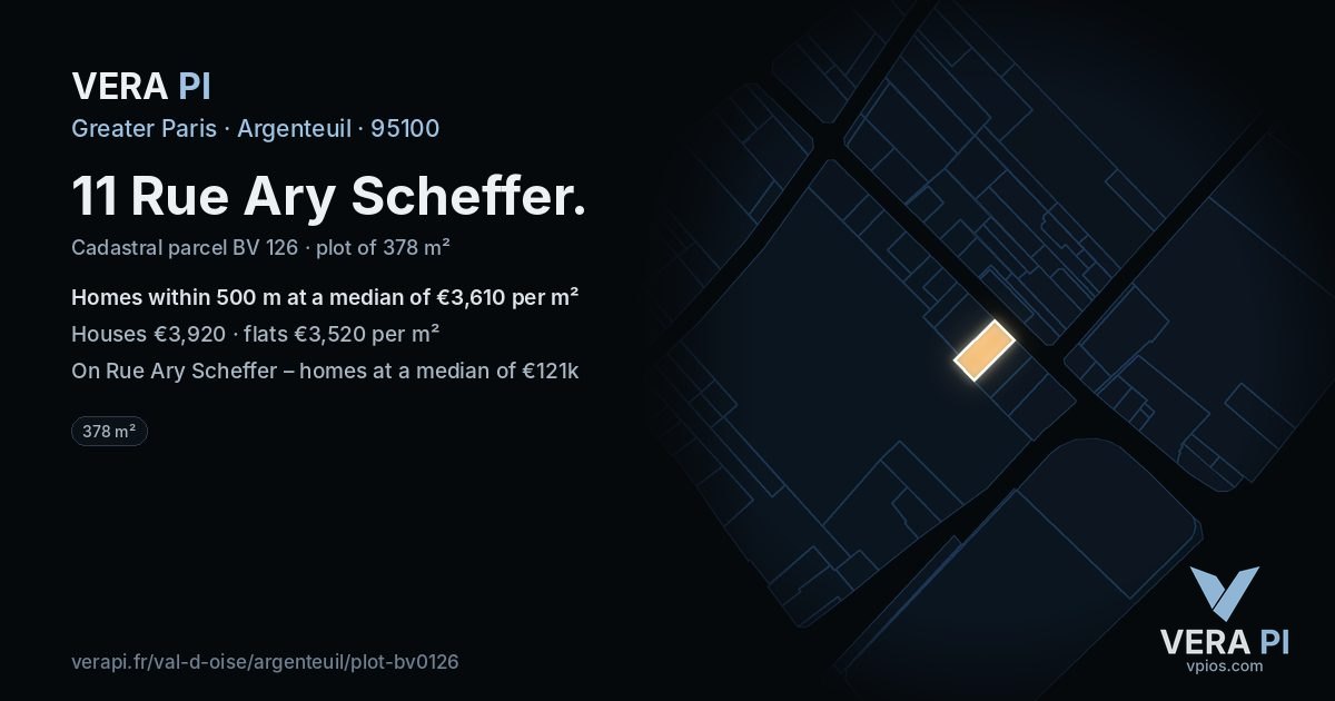 11 Rue Ary Scheffer, Argenteuil at night – the plot lit, the parcels around coloured by the prices near them