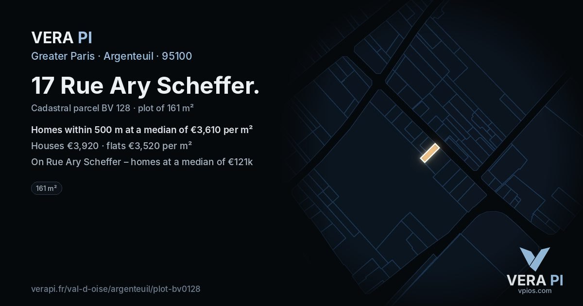 17 Rue Ary Scheffer, Argenteuil at night – the plot lit, the parcels around coloured by the prices near them
