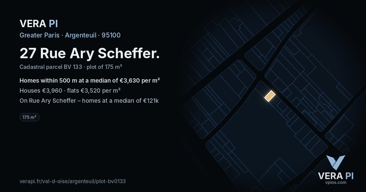 27 Rue Ary Scheffer, Argenteuil at night – the plot lit, the parcels around coloured by the prices near them