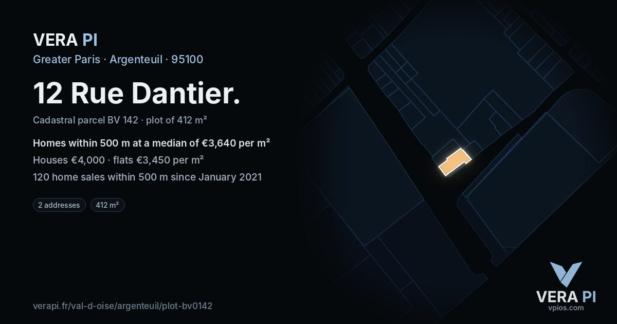 12 Rue Dantier, Argenteuil at night – the plot lit, the parcels around coloured by the prices near them
