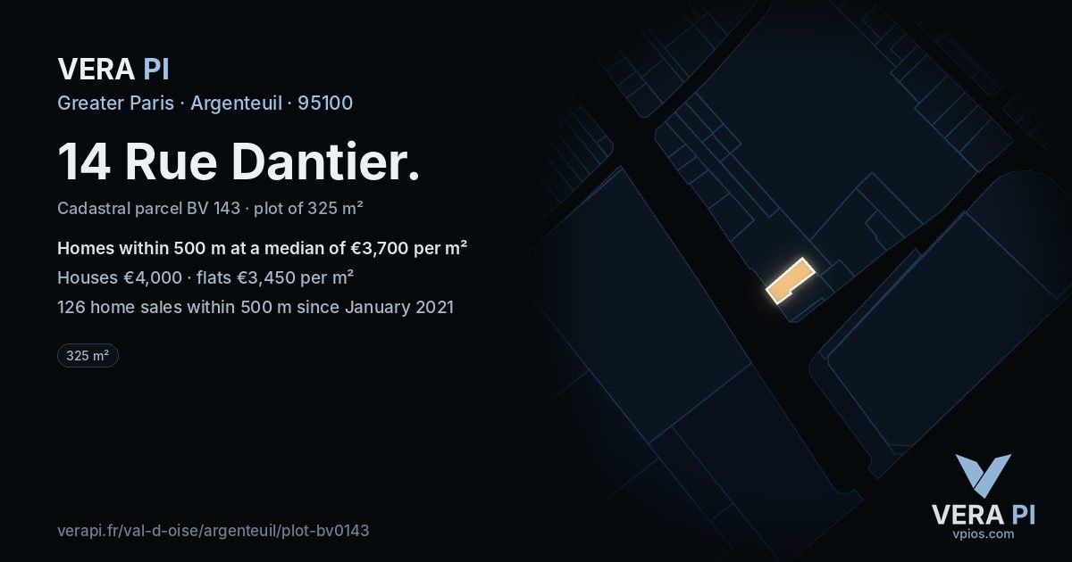 14 Rue Dantier, Argenteuil at night – the plot lit, the parcels around coloured by the prices near them