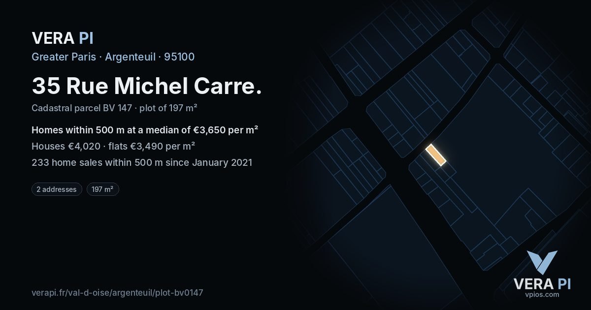 35 Rue Michel Carre, Argenteuil at night – the plot lit, the parcels around coloured by the prices near them