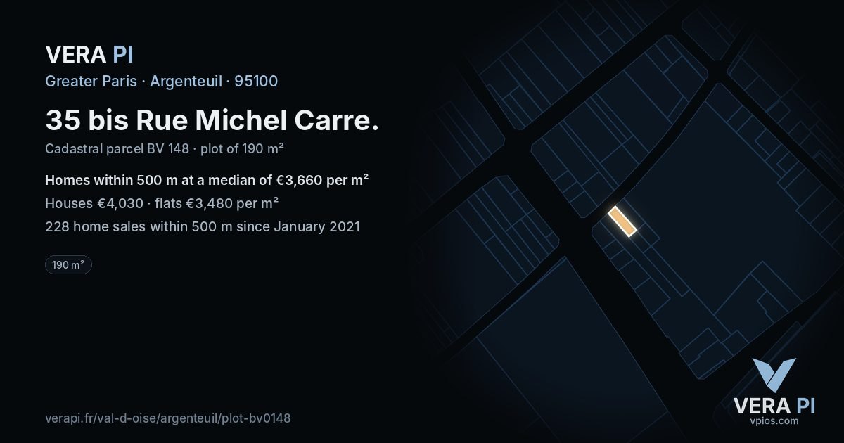 35 bis Rue Michel Carre, Argenteuil at night – the plot lit, the parcels around coloured by the prices near them