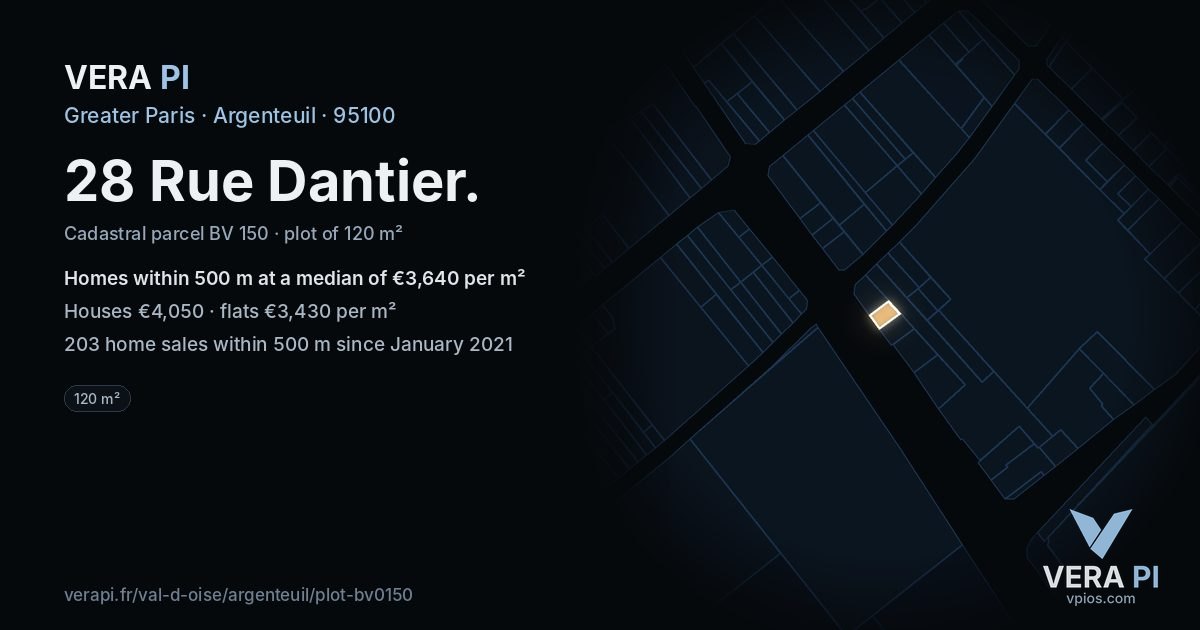 28 Rue Dantier, Argenteuil at night – the plot lit, the parcels around coloured by the prices near them