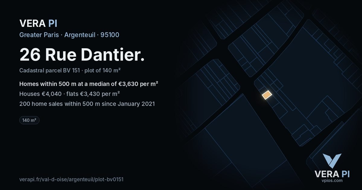 26 Rue Dantier, Argenteuil at night – the plot lit, the parcels around coloured by the prices near them