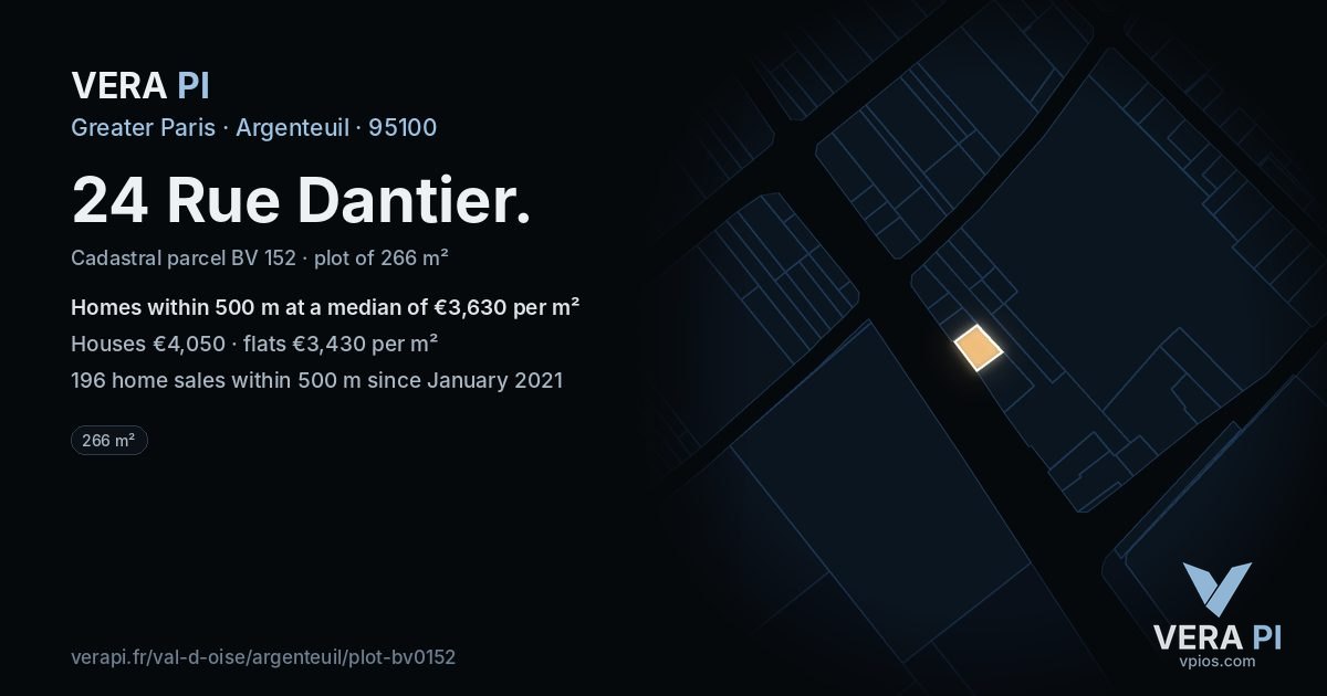 24 Rue Dantier, Argenteuil at night – the plot lit, the parcels around coloured by the prices near them