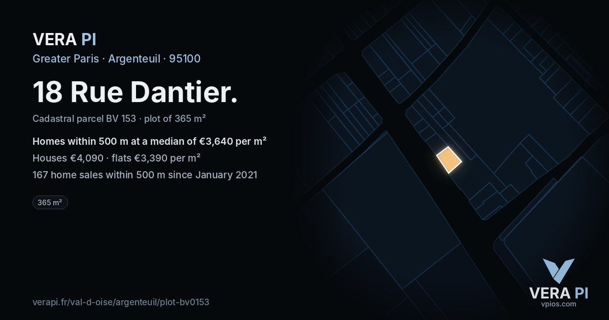 18 Rue Dantier, Argenteuil at night – the plot lit, the parcels around coloured by the prices near them