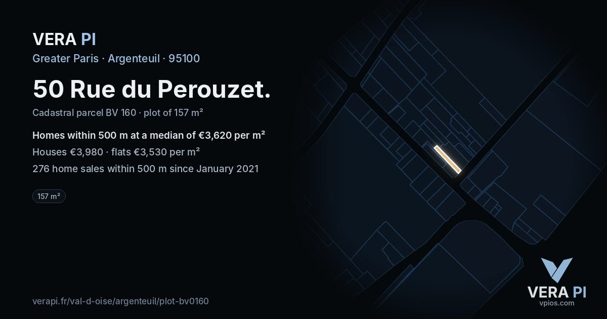 50 Rue du Perouzet, Argenteuil at night – the plot lit, the parcels around coloured by the prices near them