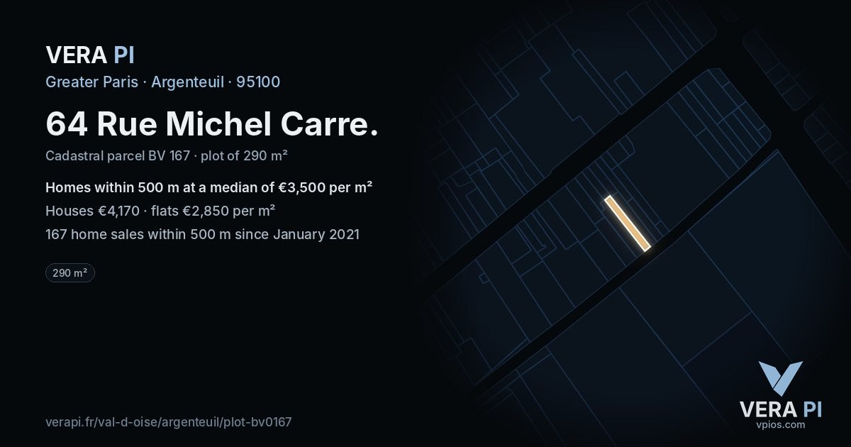 64 Rue Michel Carre, Argenteuil at night – the plot lit, the parcels around coloured by the prices near them