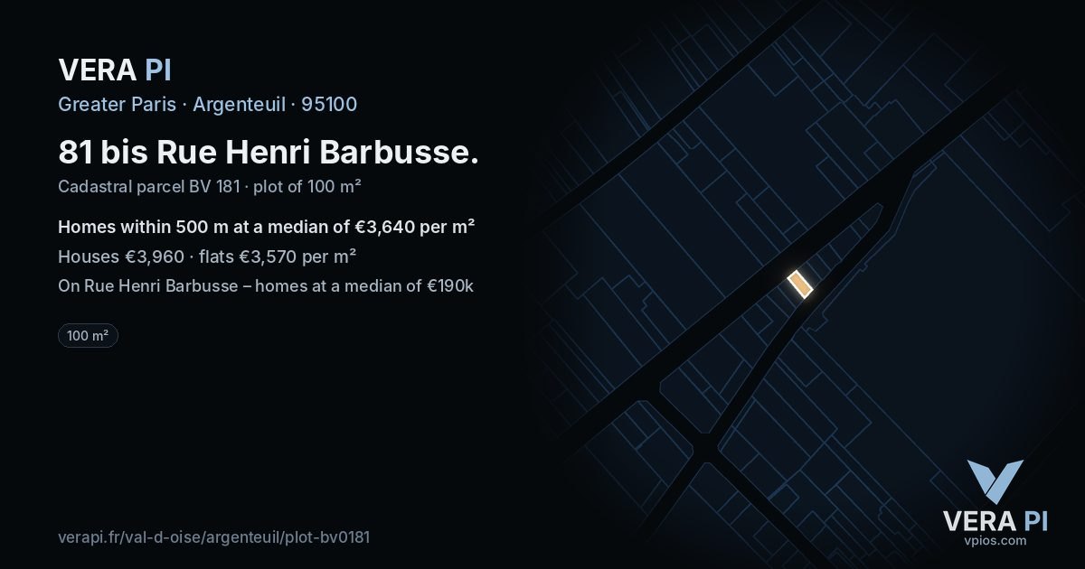 81 bis Rue Henri Barbusse, Argenteuil at night – the plot lit, the parcels around coloured by the prices near them