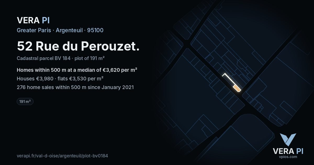 52 Rue du Perouzet, Argenteuil at night – the plot lit, the parcels around coloured by the prices near them