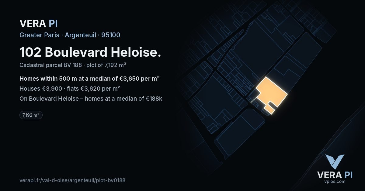 102 Boulevard Heloise, Argenteuil at night – the plot lit, the parcels around coloured by the prices near them