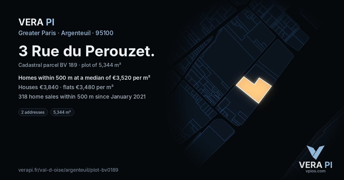 3 Rue du Perouzet, Argenteuil at night – the plot lit, the parcels around coloured by the prices near them