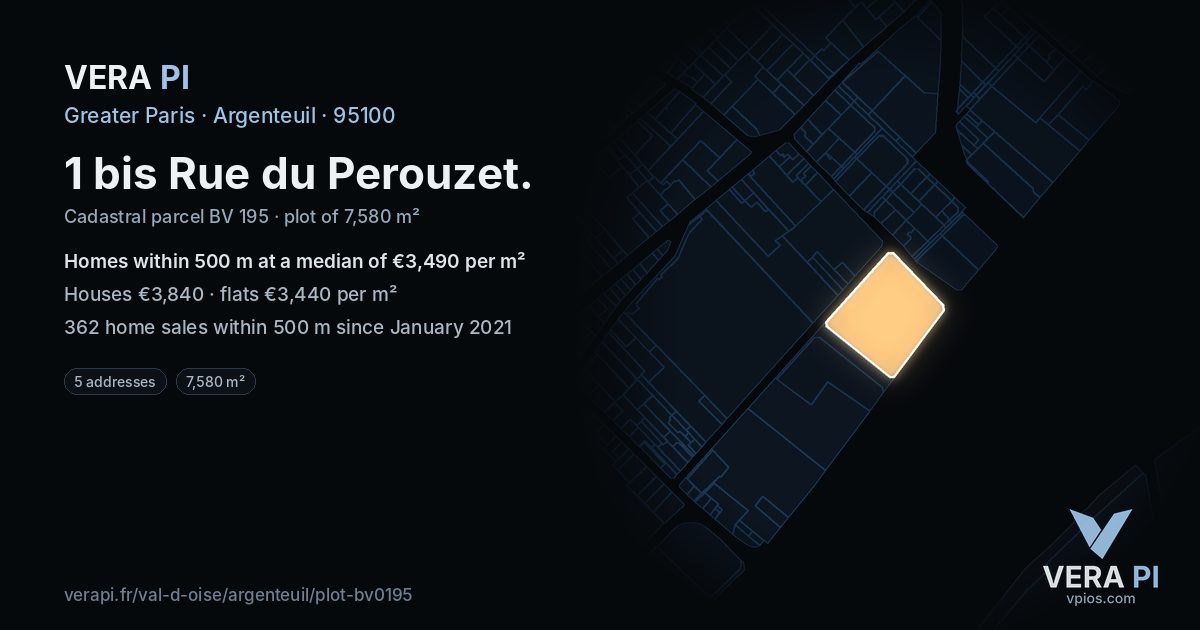 1 bis Rue du Perouzet, Argenteuil at night – the plot lit, the parcels around coloured by the prices near them