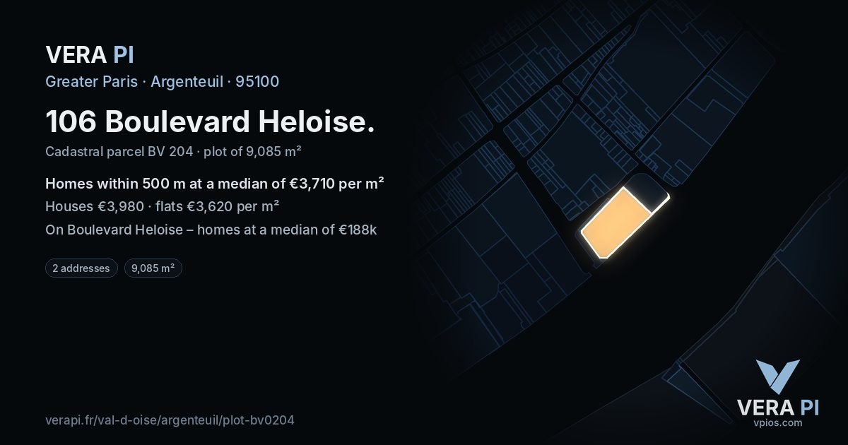 106 Boulevard Heloise, Argenteuil at night – the plot lit, the parcels around coloured by the prices near them