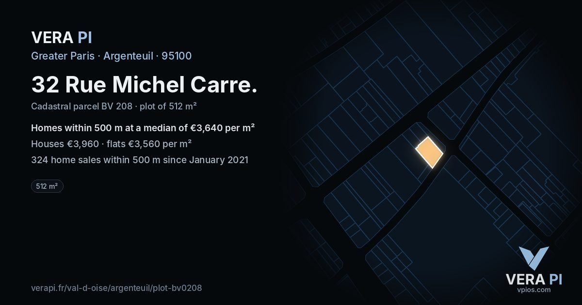 32 Rue Michel Carre, Argenteuil at night – the plot lit, the parcels around coloured by the prices near them
