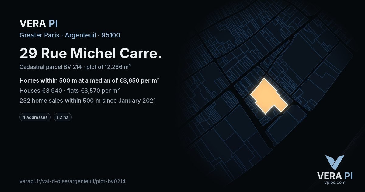 29 Rue Michel Carre, Argenteuil at night – the plot lit, the parcels around coloured by the prices near them