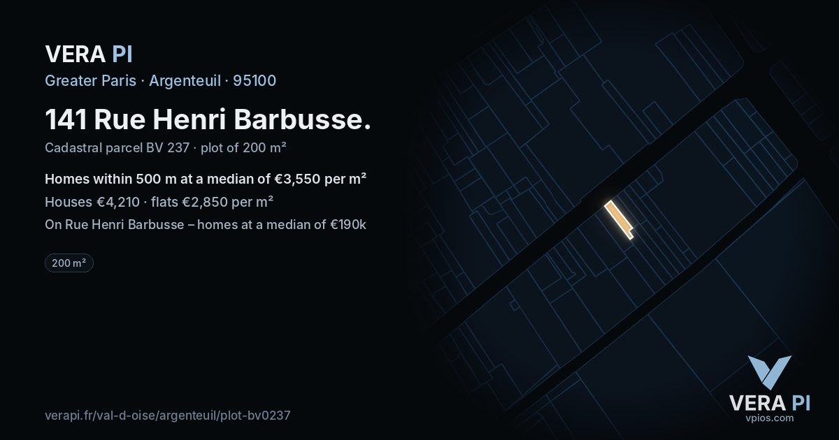 141 Rue Henri Barbusse, Argenteuil at night – the plot lit, the parcels around coloured by the prices near them