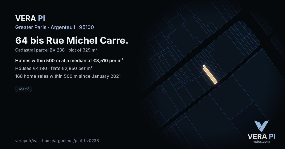 64 bis Rue Michel Carre, Argenteuil at night – the plot lit, the parcels around coloured by the prices near them