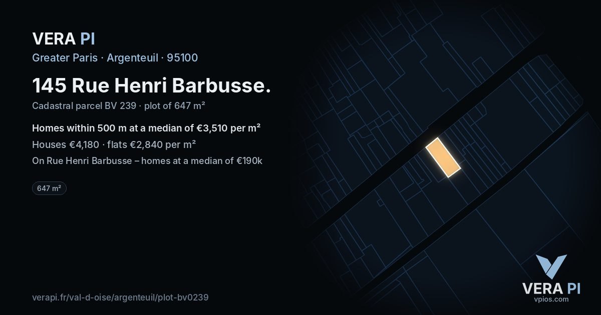 145 Rue Henri Barbusse, Argenteuil at night – the plot lit, the parcels around coloured by the prices near them