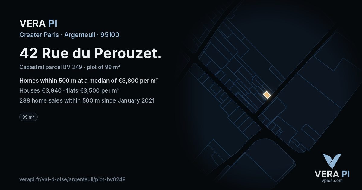 42 Rue du Perouzet, Argenteuil at night – the plot lit, the parcels around coloured by the prices near them