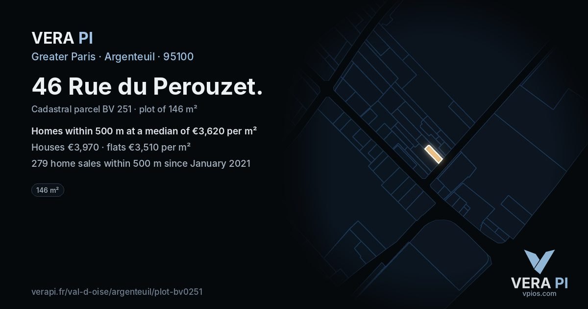 46 Rue du Perouzet, Argenteuil at night – the plot lit, the parcels around coloured by the prices near them