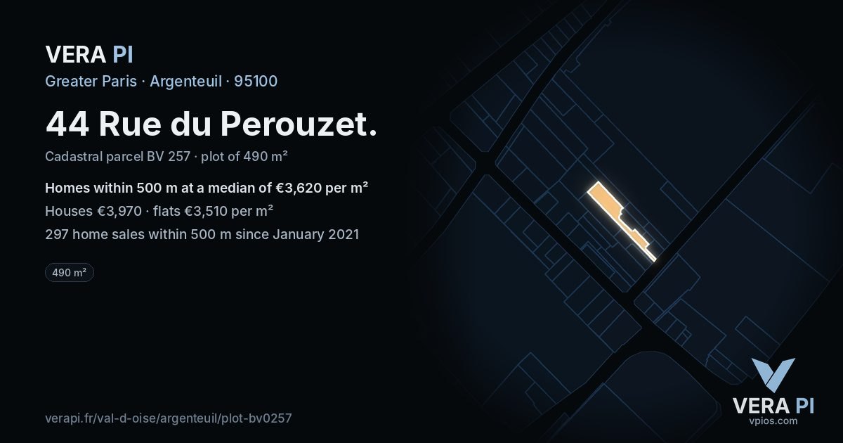 44 Rue du Perouzet, Argenteuil at night – the plot lit, the parcels around coloured by the prices near them
