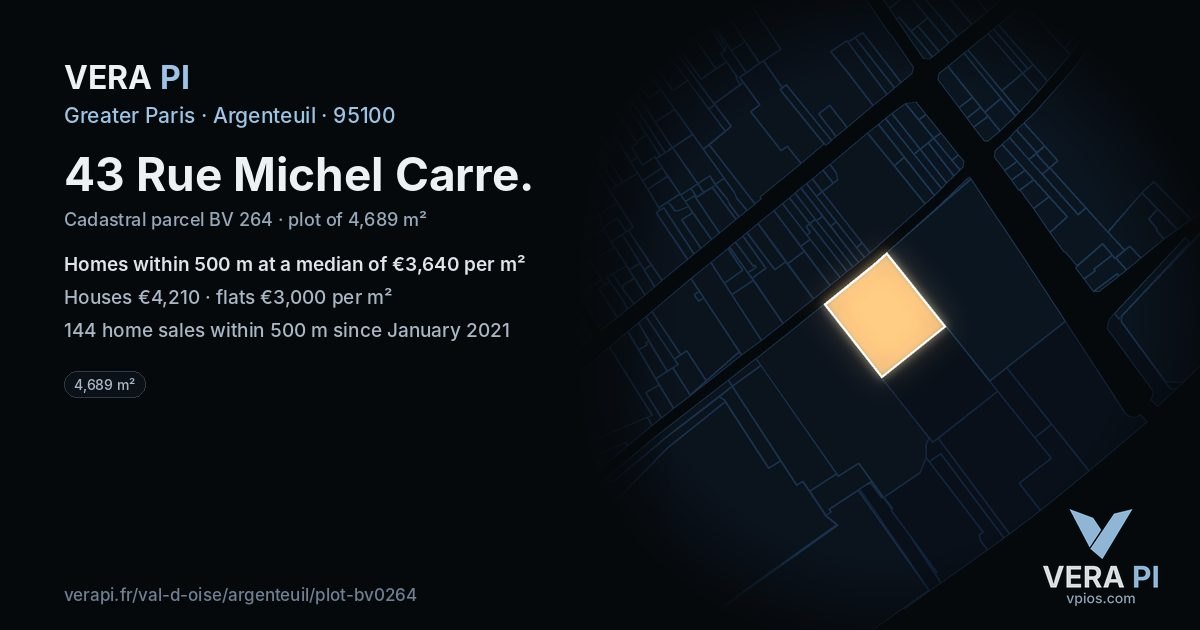 43 Rue Michel Carre, Argenteuil at night – the plot lit, the parcels around coloured by the prices near them