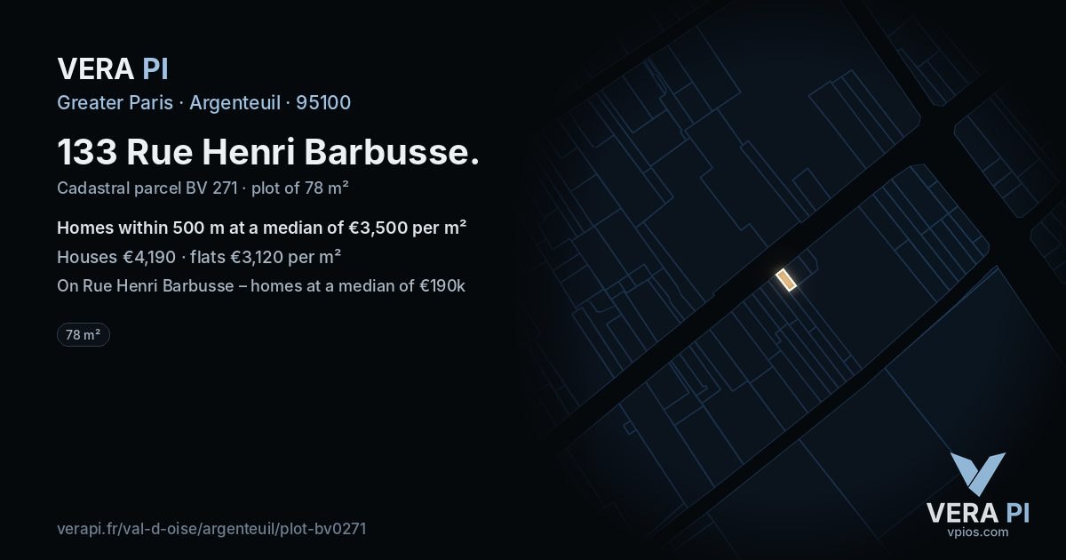 133 Rue Henri Barbusse, Argenteuil at night – the plot lit, the parcels around coloured by the prices near them