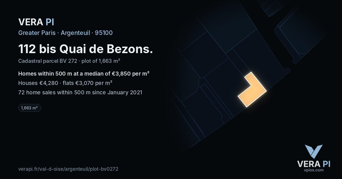 112 bis Quai de Bezons, Argenteuil at night – the plot lit, the parcels around coloured by the prices near them