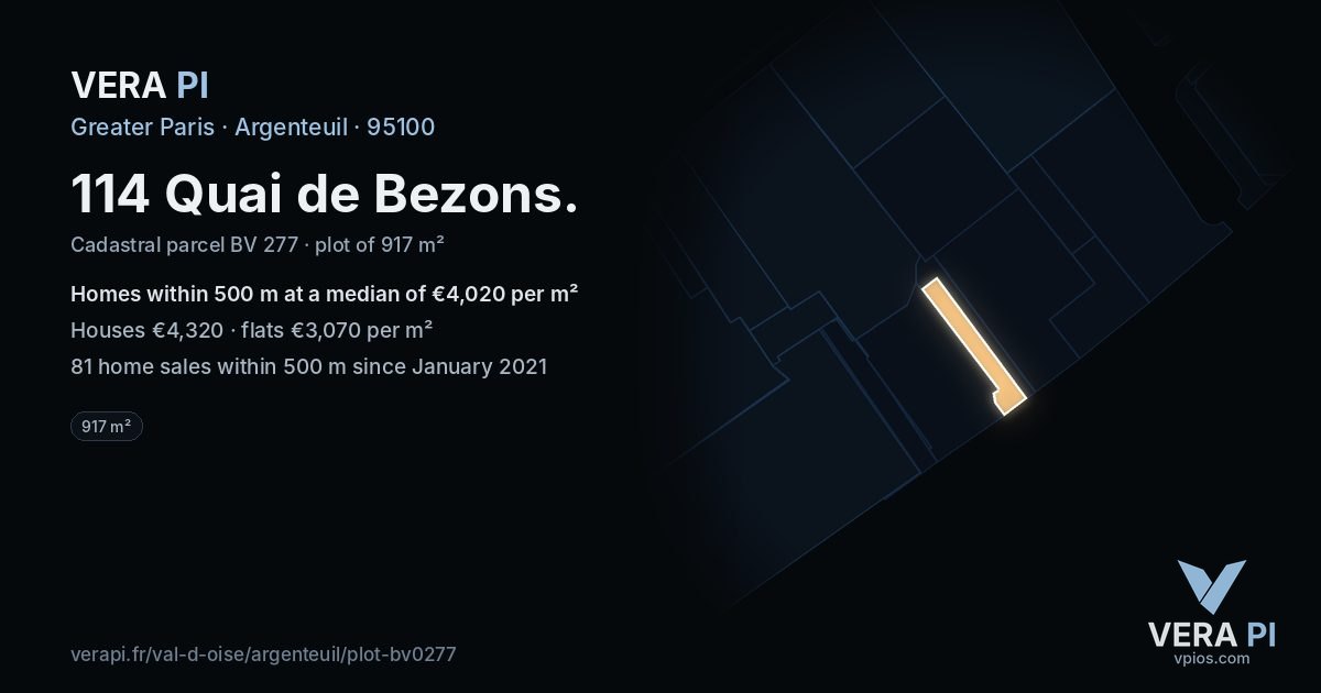 114 Quai de Bezons, Argenteuil at night – the plot lit, the parcels around coloured by the prices near them
