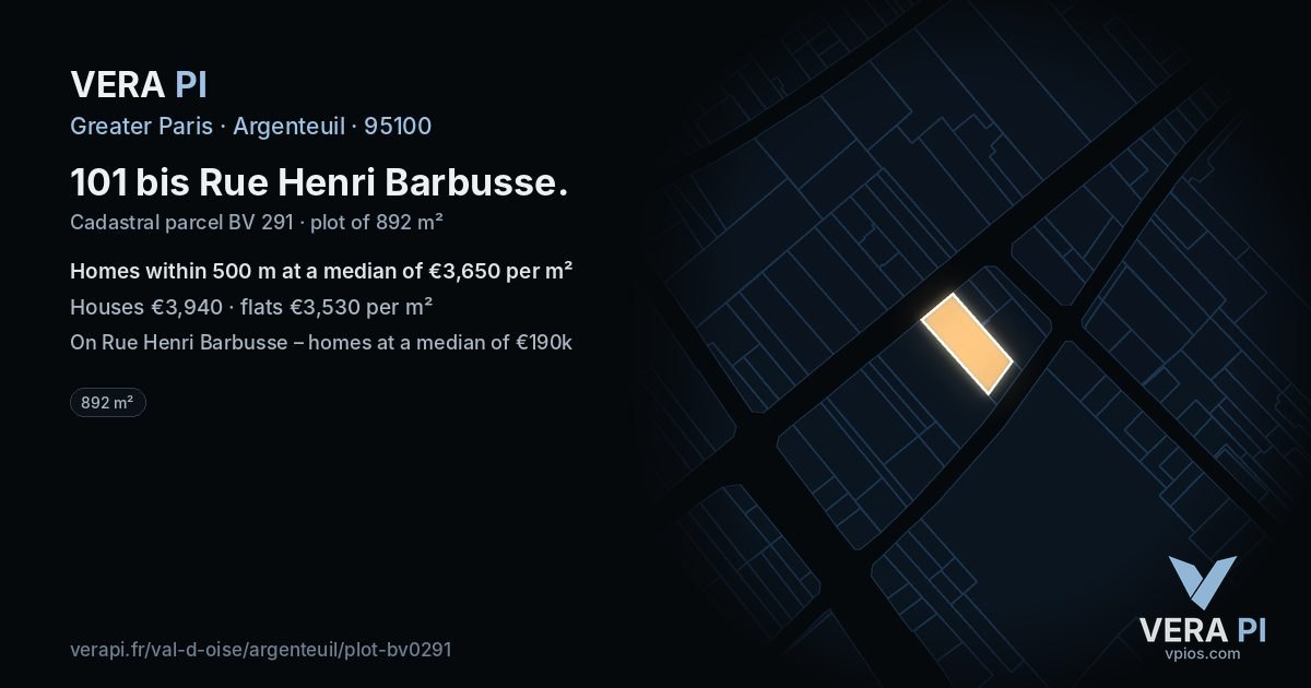 101 bis Rue Henri Barbusse, Argenteuil at night – the plot lit, the parcels around coloured by the prices near them