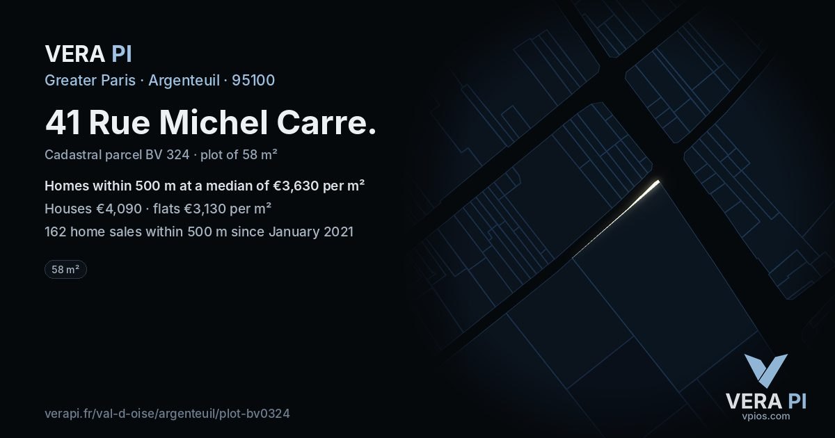 41 Rue Michel Carre, Argenteuil at night – the plot lit, the parcels around coloured by the prices near them