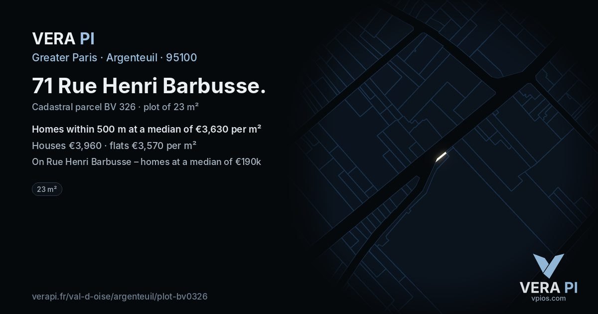 71 Rue Henri Barbusse, Argenteuil at night – the plot lit, the parcels around coloured by the prices near them