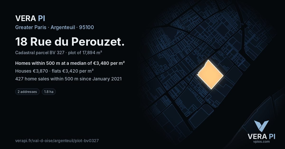 18 Rue du Perouzet, Argenteuil at night – the plot lit, the parcels around coloured by the prices near them