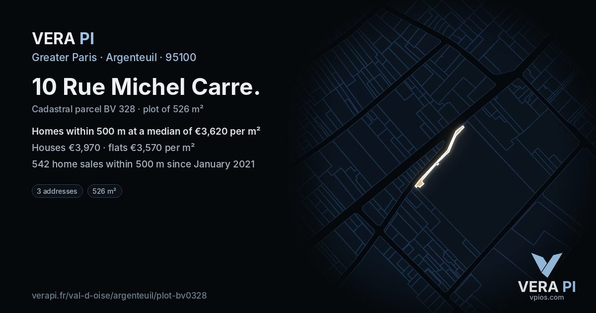 10 Rue Michel Carre, Argenteuil at night – the plot lit, the parcels around coloured by the prices near them