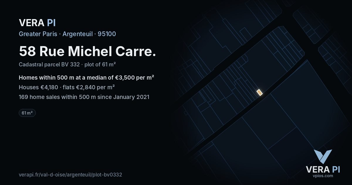 58 Rue Michel Carre, Argenteuil at night – the plot lit, the parcels around coloured by the prices near them