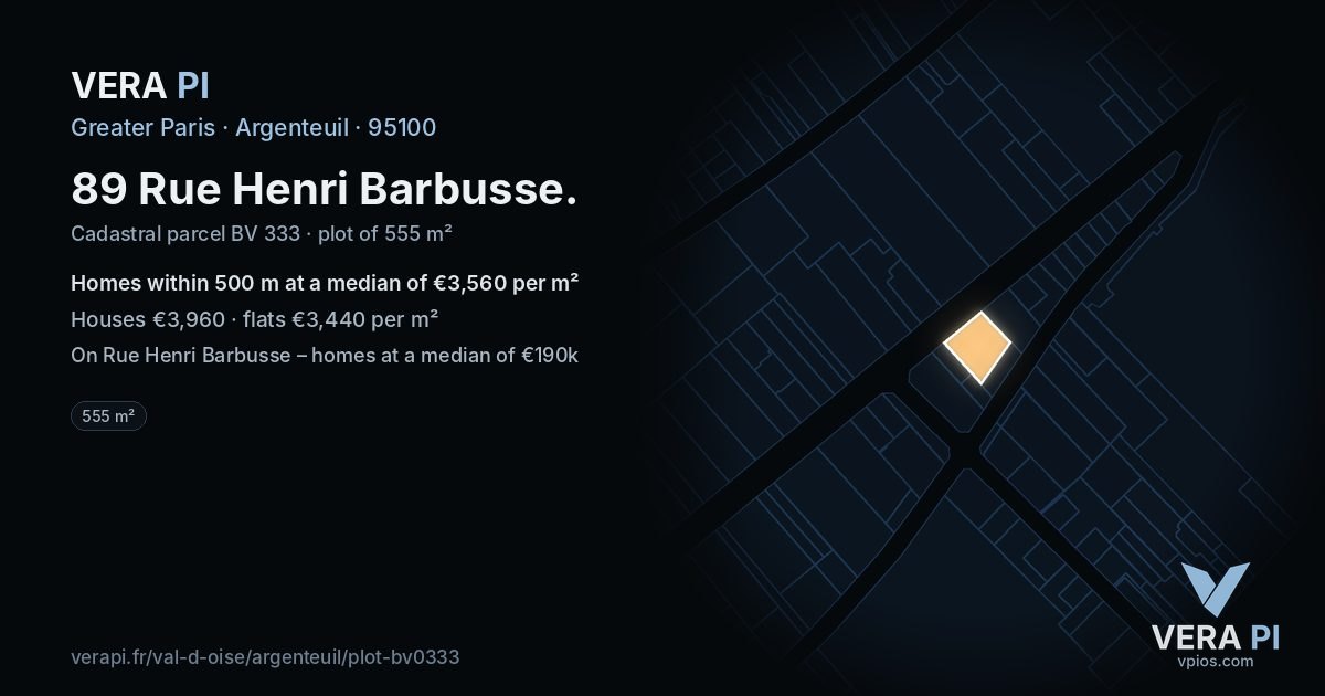 89 Rue Henri Barbusse, Argenteuil at night – the plot lit, the parcels around coloured by the prices near them