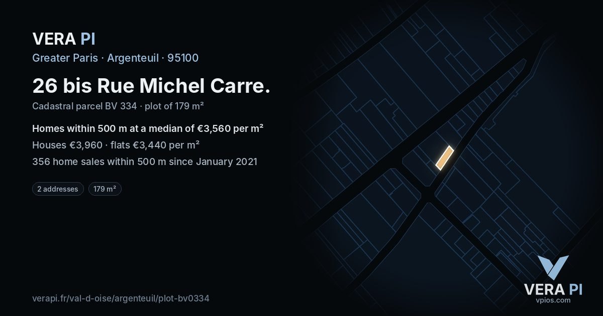 26 bis Rue Michel Carre, Argenteuil at night – the plot lit, the parcels around coloured by the prices near them