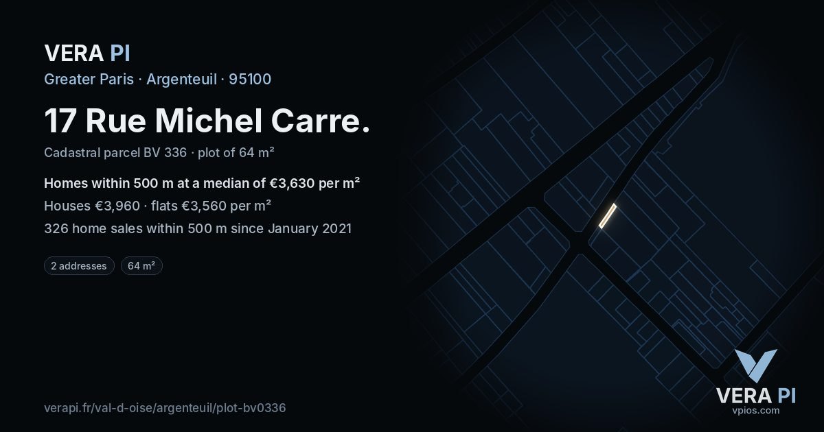 17 Rue Michel Carre, Argenteuil at night – the plot lit, the parcels around coloured by the prices near them