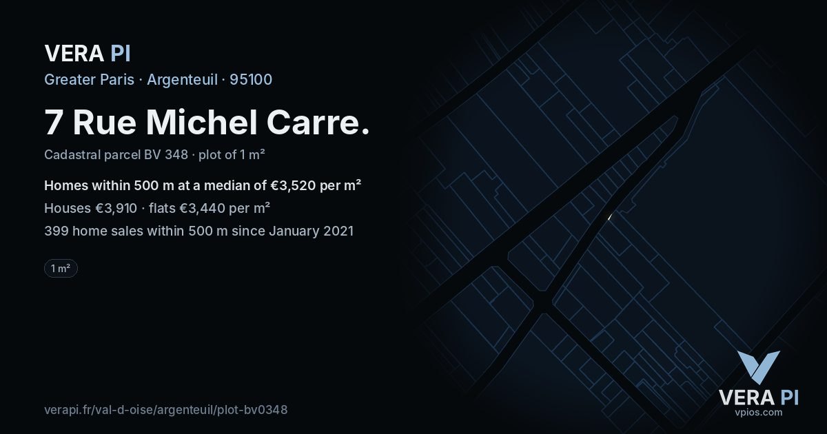 7 Rue Michel Carre, Argenteuil at night – the plot lit, the parcels around coloured by the prices near them