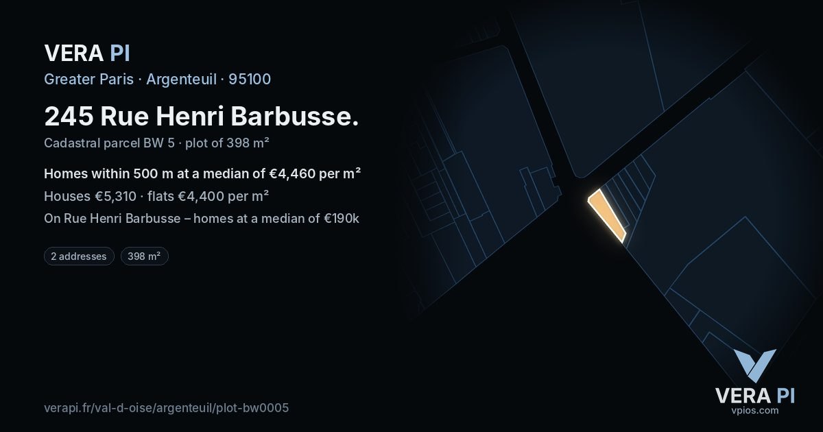 245 Rue Henri Barbusse, Argenteuil at night – the plot lit, the parcels around coloured by the prices near them