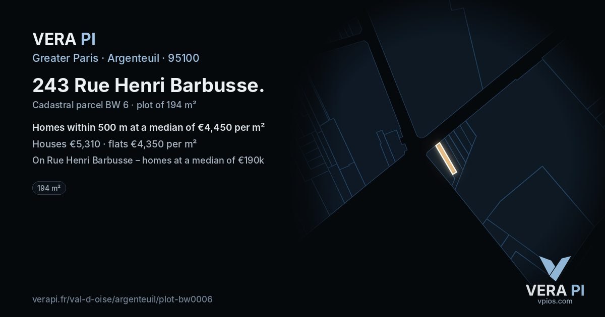 243 Rue Henri Barbusse, Argenteuil at night – the plot lit, the parcels around coloured by the prices near them