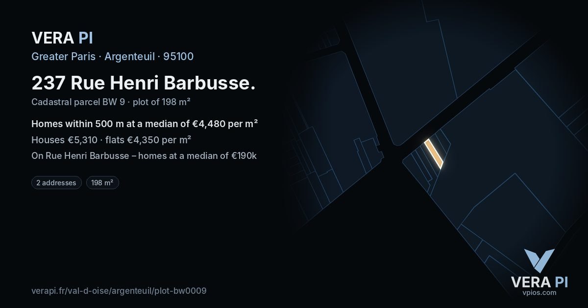 237 Rue Henri Barbusse, Argenteuil at night – the plot lit, the parcels around coloured by the prices near them