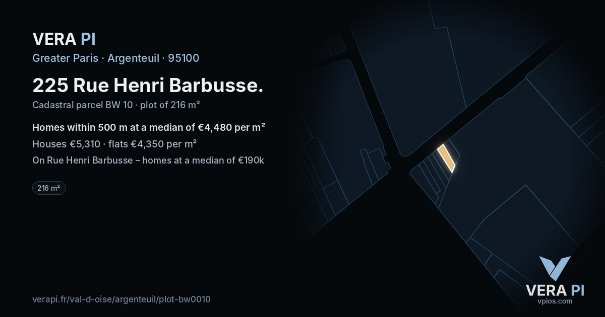 225 Rue Henri Barbusse, Argenteuil at night – the plot lit, the parcels around coloured by the prices near them