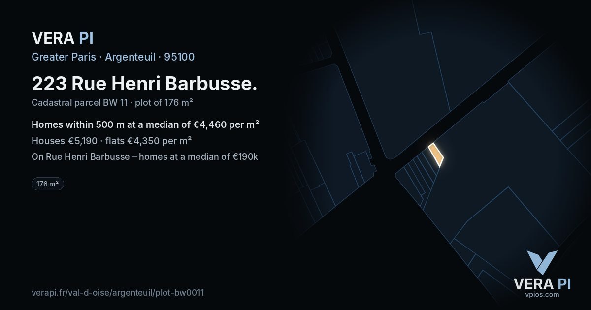 223 Rue Henri Barbusse, Argenteuil at night – the plot lit, the parcels around coloured by the prices near them