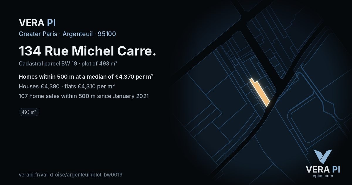 134 Rue Michel Carre, Argenteuil at night – the plot lit, the parcels around coloured by the prices near them