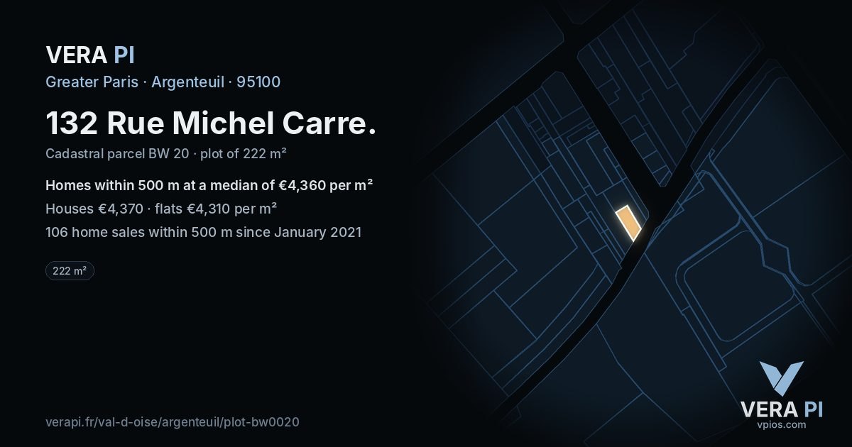 132 Rue Michel Carre, Argenteuil at night – the plot lit, the parcels around coloured by the prices near them