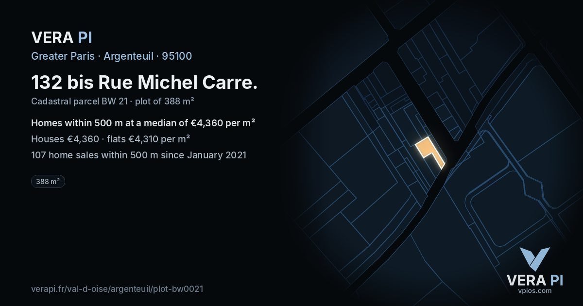132 bis Rue Michel Carre, Argenteuil at night – the plot lit, the parcels around coloured by the prices near them